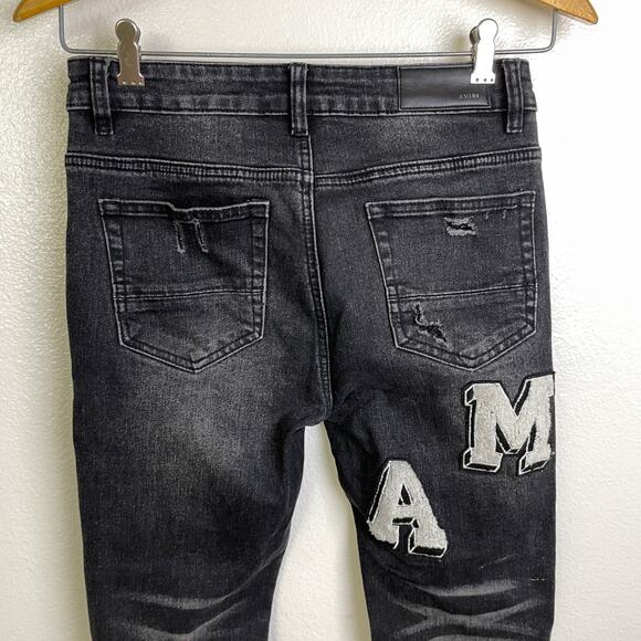 Amiri Skinny Jeans Mens 29 Black Distressed Varsity Logo Designer Denim Stretch - Picture 6 of 10